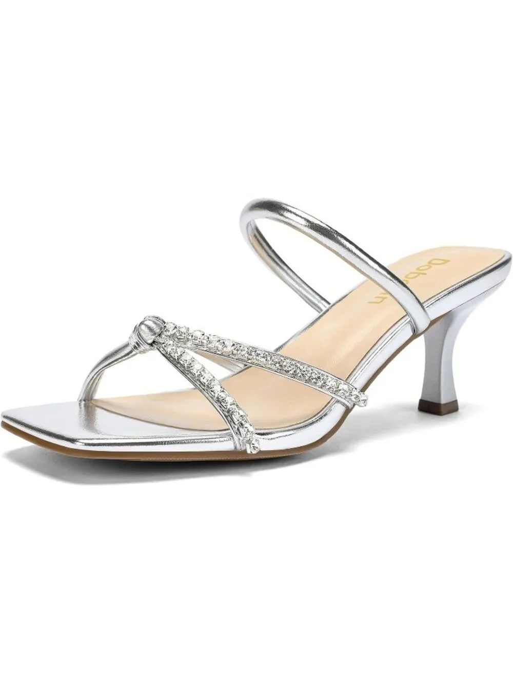 Women's Silver Summer Comfortable Open Toe Strappy Slides Kitten Heeled Sandals